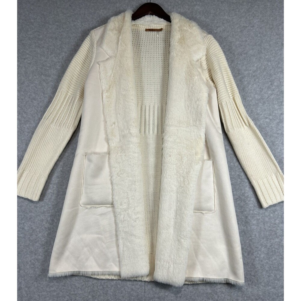 Belldini Womens Long Sleeve Open Front Cardigan with Faux Fur Trim - Cream Large